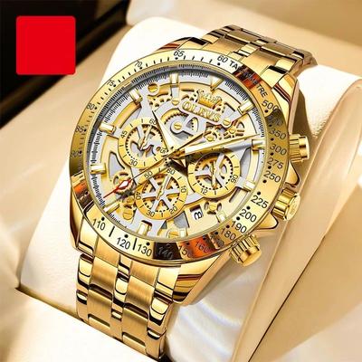 Uplifted Goods Mens Waterproof Luminous Quartz Chronograph Watch With Date & 24h Display gold White Face