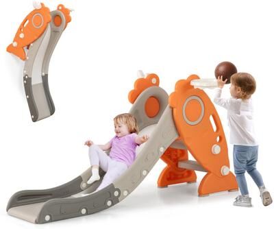 Costway 4 in 1 Indoor Slide for Kids Age 3+ Years with Basketball Hoop and Rings-Orange