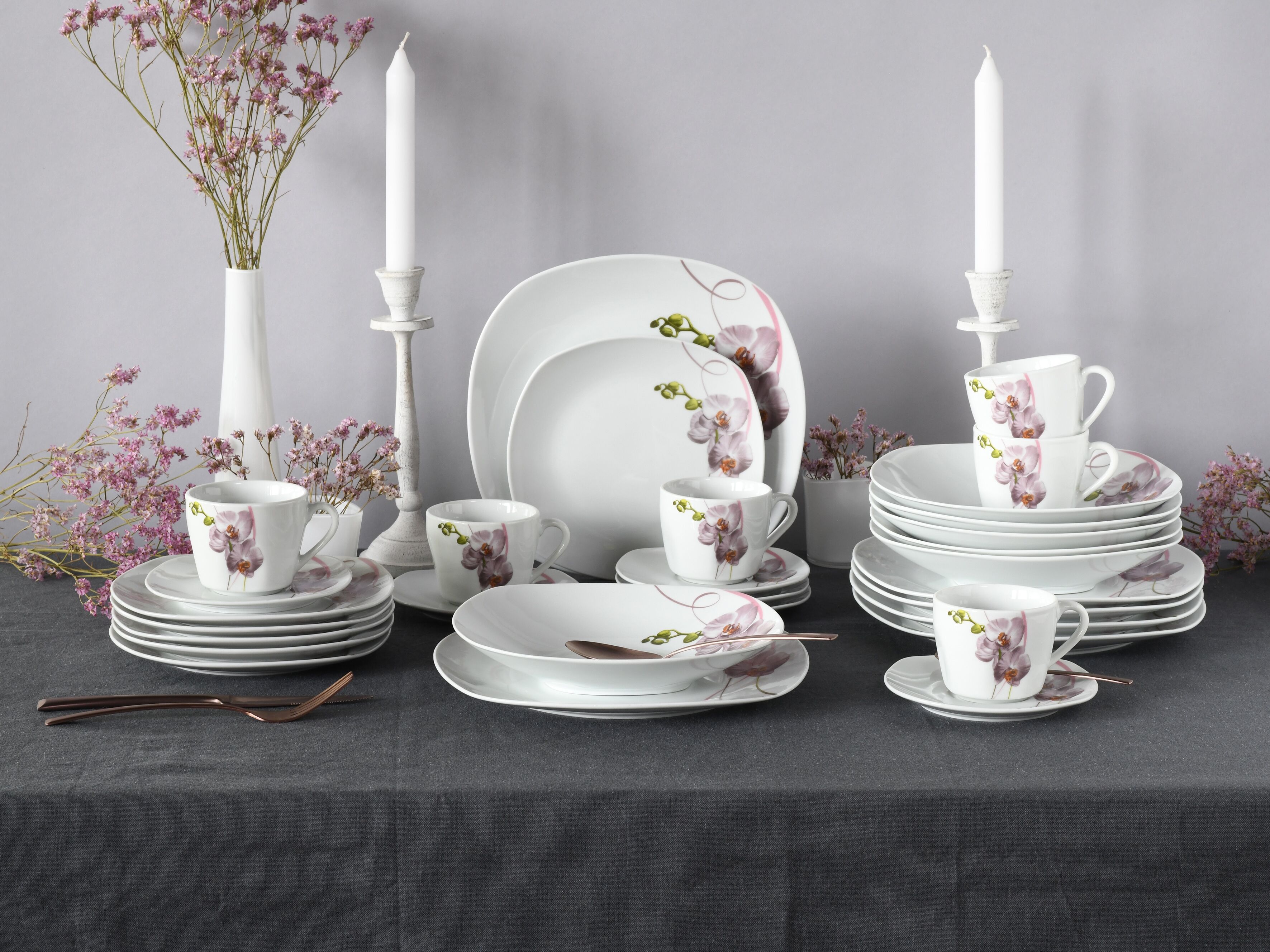 Kombiservice CREATABLE "Square Orchidee, Kombi-Service 30-tlg", weiß, 30 Stk., Porzellan, Geschirr-Sets, Kombiservice, Fotorealistische Darstellung