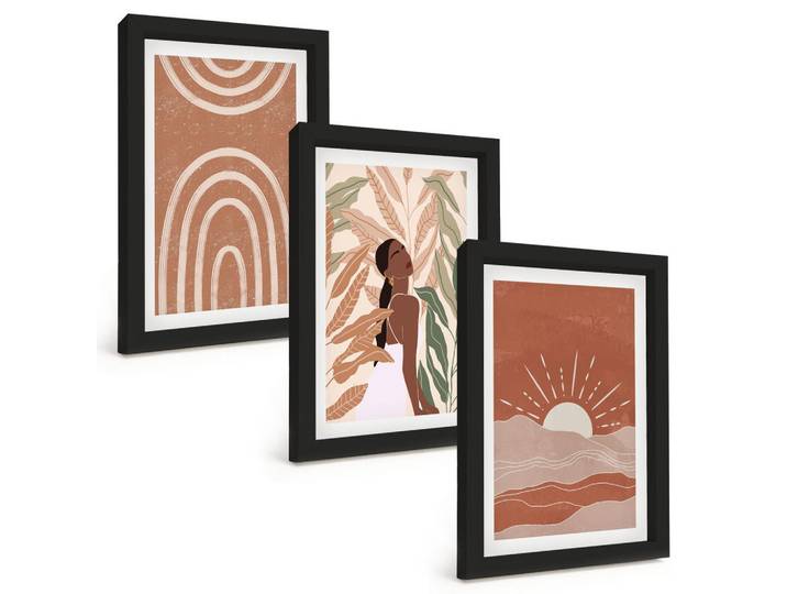 Tulup Bilder SET 3er Set - 20x30 cm Schwarzer Rahmen - abstrakte Formen im Boho-Stil, Kunststoff, Rechteckig, 20x30 cm, einfache und schnelle Anbringung, Bilder & Rahmen, Bilder