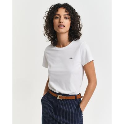 T-Shirt GANT "REG SHIELD KA T-SHIRT", Damen, Gr. XS, weiß, Jersey, Obermaterial: 100% Baumwolle, unifarben, normal hüftlang, Rundhals, abgesteppt, Shirts T-Shirt, mit einer kleinen aufgestickten Wappen-Grafik auf der Brust