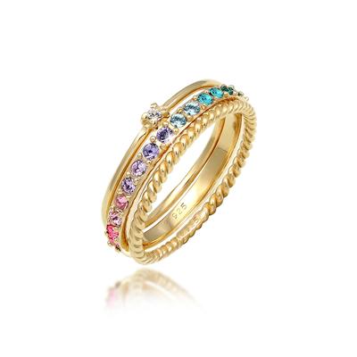 Ring-Set ELLI "Ring Kristalle Farbig Regenbogen Set (3 tlg) 925 Silber" Gr. 58, gold, Fingerringe, Damen, 58,mit Stein, Silber 925 (Sterlingsilber)