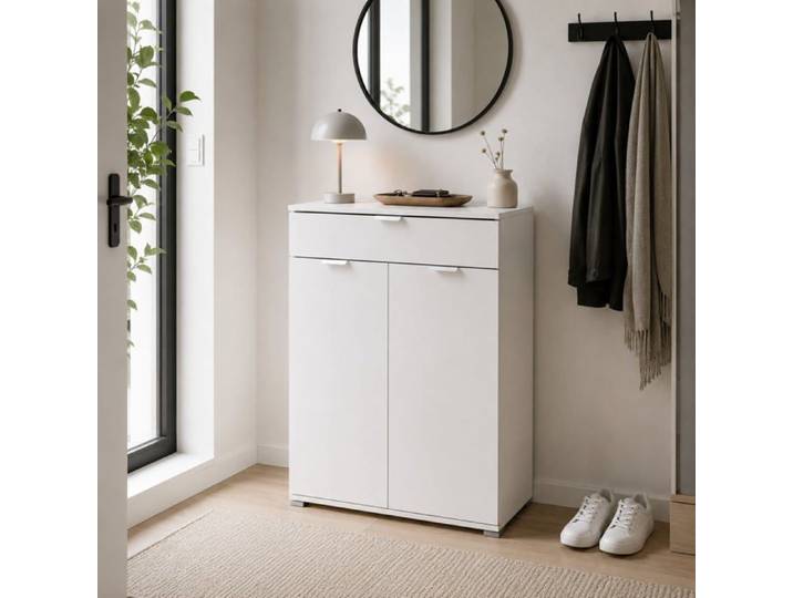 Meuble bas multiusage - THE WHITE STONE - Modèle 75x38x105 cm - Blanc mat - 2 portes + 1 tiroir - Étagères réglables