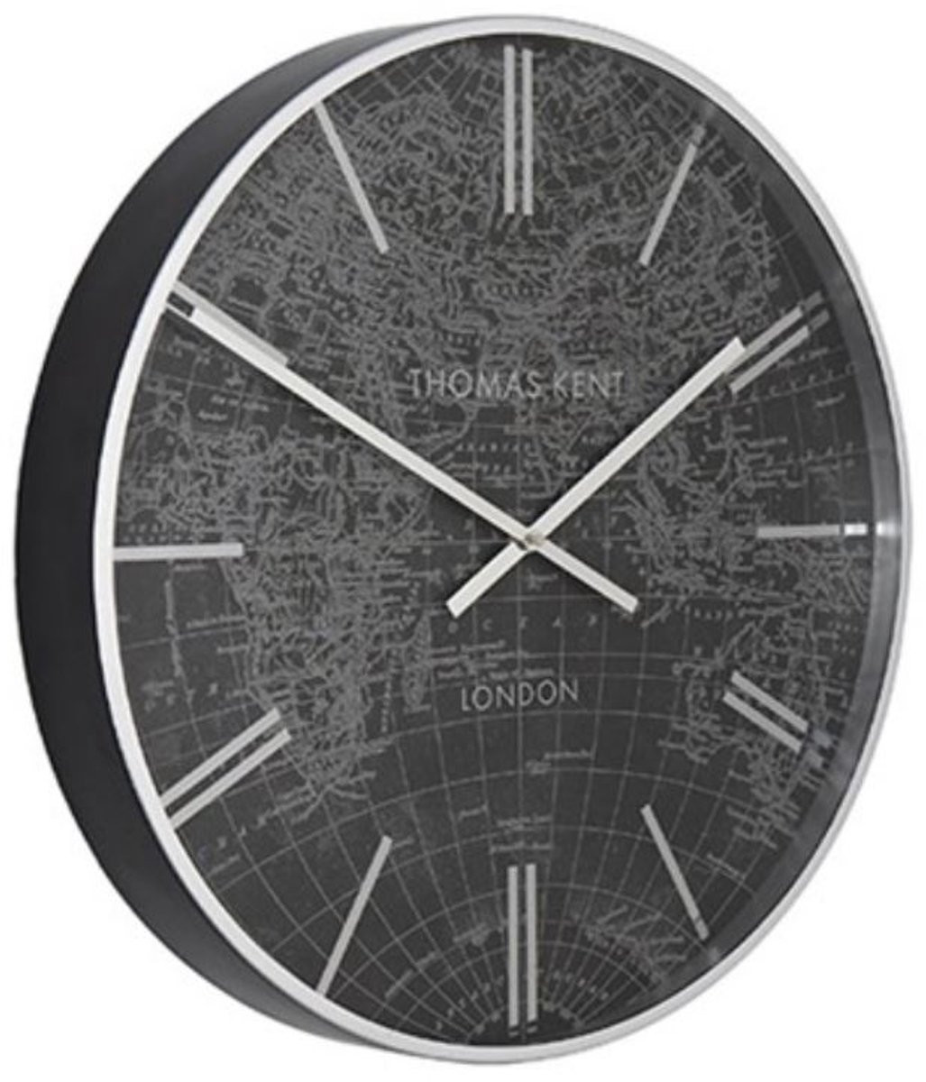 Thomas Kent Wandklok World Traveller S rond - Zwart met zilver - Diameter: 53 cm