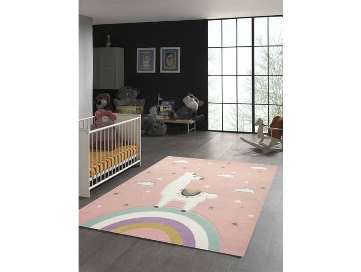 TeppichHome24 Kinderteppich Kinderteppich Lama Einhorn Wolken in Rosa, rechteckig, Höhe: 1.3 mm