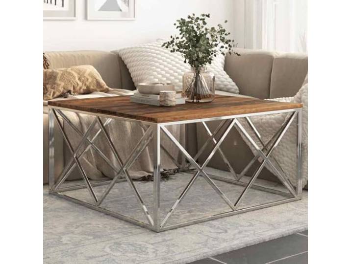 PHGTYUK Couchtisch Silbern Edelstahl und Massivholz mit Akzenttisch Design – Robuster und Stabiler Wohnzimmertisch mit pflegeleichter Tischplatte aus massiven Holzschwellen