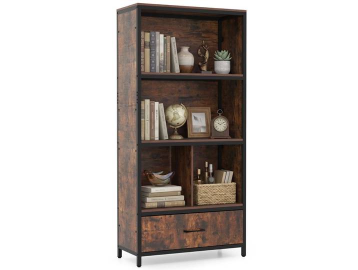 COSTWAY Bibliothèque à Niveaux avec 4 Compartiments de Rangement Tiroir en Tissu Pliable pour Salon Chambre Bureau Marron