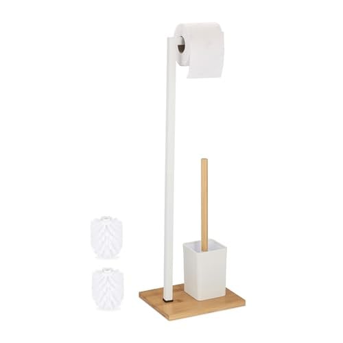 Relaxdays Toiletaccessoires set met toiletborstel en staande toiletrolhouder van bamboe en rvs, wit/bruin