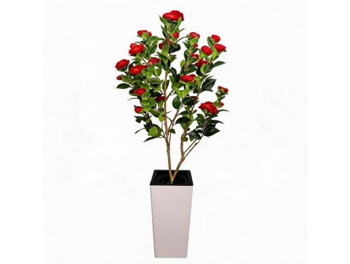 GarveeLife Real Touch Künstliche Kamelie, für den Innenbereich, 180 cm, lebensechte Roste, Flexible Zweige, moderner weißer Topf, Dekoration für Wohnzimmer/Büro, Größe 180 cm, Farbe Weiß