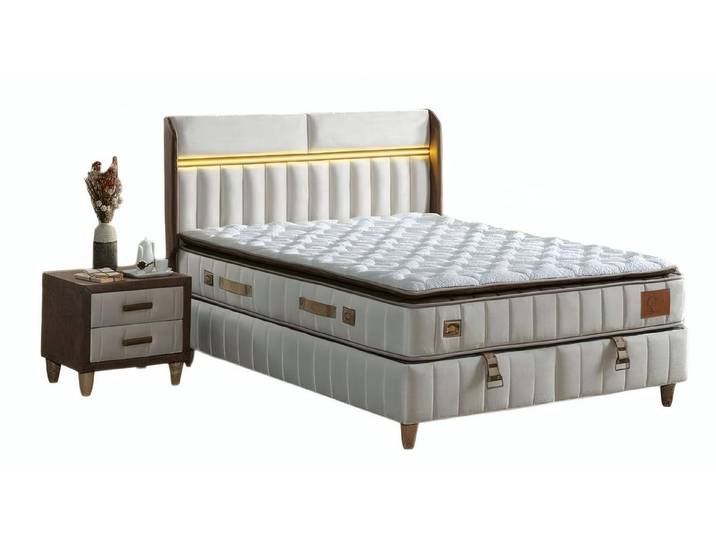 JVmoebel Schlafzimmer-Set JVMoebel Polsterbett mit Nachttischen in elegantem Beigeton