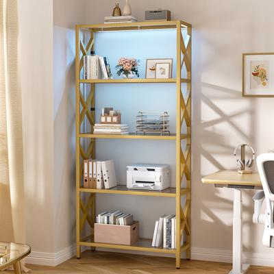 Rackcog Modern Gold Bookshelf with Tempered Glass Shelves, 3-5 Tiers Display Storage Shelving