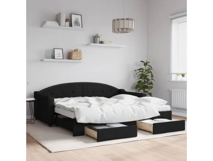 RJPLMFV Tagesbett mit Ausziehbett und Schubladen, Schwarz, 90 x 190 cm, Stoff