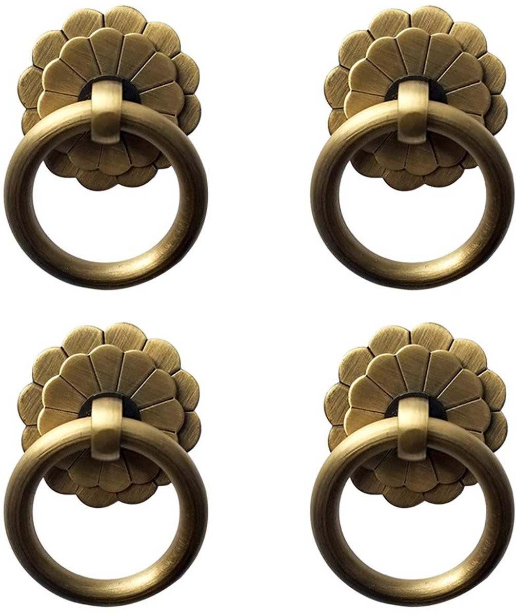 Antiek Messing Ring Handvat - Vintage Meubelbeslag - 4 stuks - Antiek Brons