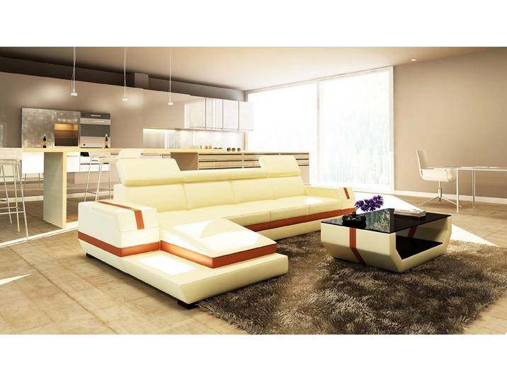 JVmoebel Ecksofa Beige Polster Ecken-Couch aus Leder mit Kopfkissen, Made in Europa