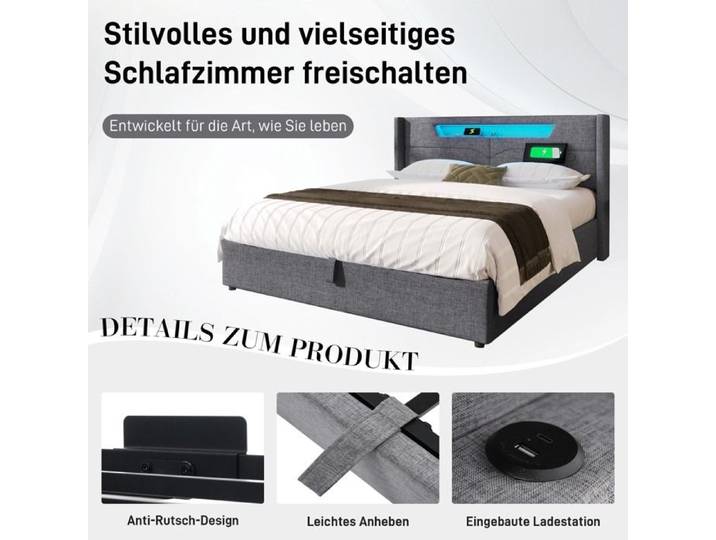 Lit rembourré LED lit double équipé de USB type C fonction de recharge et éclairage LED Gris Avec ports USB Avec éclairage LED