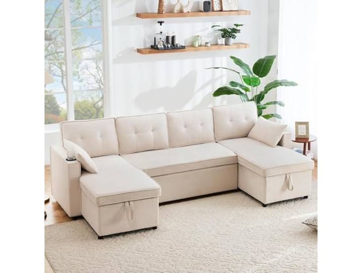 OPODEE Schlafsofa mit Schlaffunktion, U-förmiges Sofa, Polstersofa, Baumwoll-und Leinenstoffe, mit Getränkehalter, Stauräume, geeignet für Familien, Wohnzimmer usv.