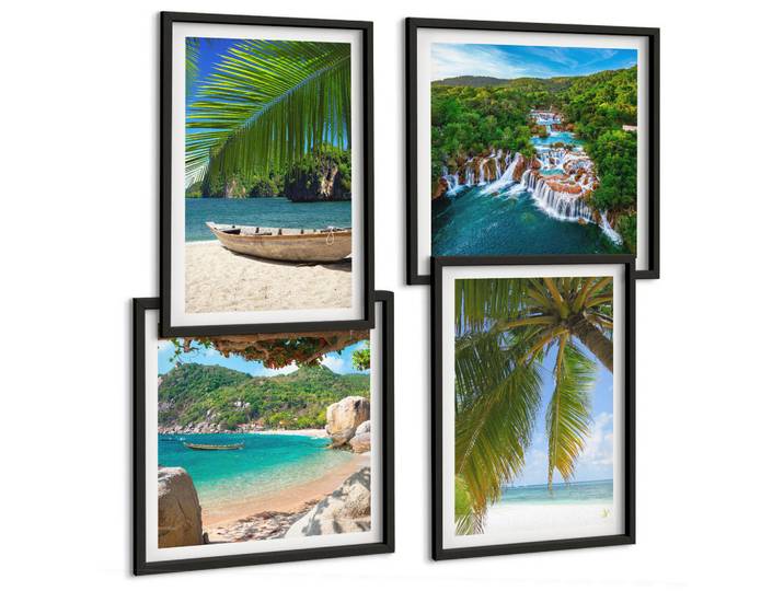 Tulup Bilder SET 4er Set - 50x50 cm & 40x60 cm Schwarzer Rahmen - Strand, Boot, Wasserfälle, Palmen, Kunststoff, Rechteckig, 50x50 cm, gerahmt, Bilder & Rahmen, Bilder