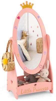 Costway Kids Full Length Mirror with 360 Degree Rotatable Design and Shelf-Pink