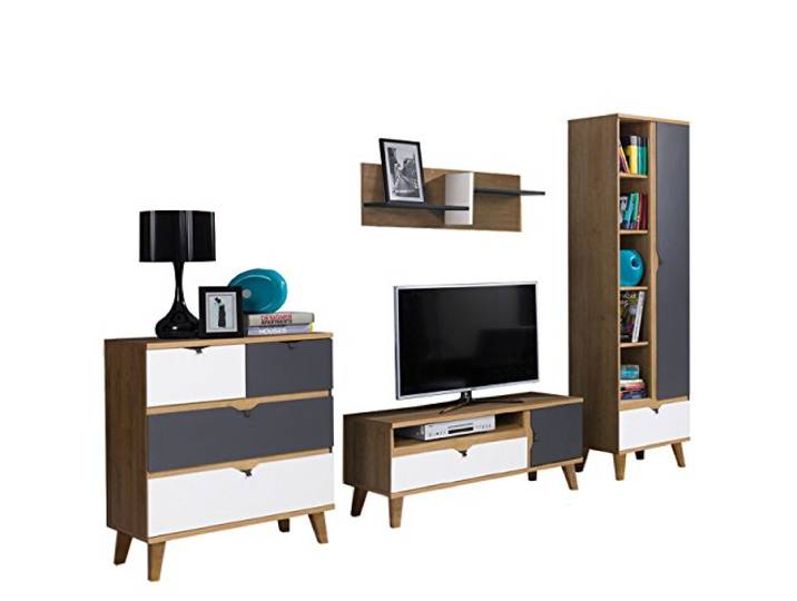 Mirjan24 Wohnwand Memone I, Stilvoll Wohnzimmer-Set, Elegante Wohnmöbell, Wohnzimmer Kollektion, Wandregal, Kommode, Regal, TV-Lowboard (Eiche Gold/Graphit + Weiß)