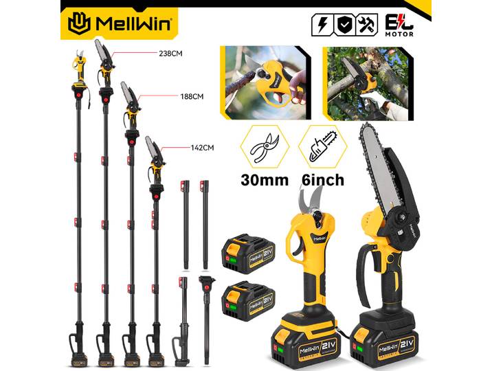 MELLWIN – ensemble d'outils de taille de jardin, scie électrique sans balais à branches hautes, ciseaux à poteau télescopique de 2m pour broche de batterie Makita 18V