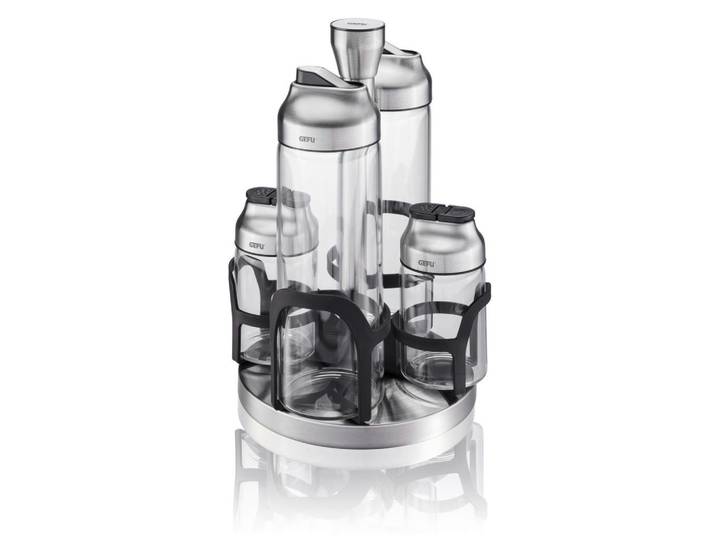 Gefu Essig-/Öl-Menage Kippo, Schwarz, Edelstahlfarben, Transparent, Metall, Kunststoff, Glas, 23.6 cm, Geschirr, Tischkultur & Serviergeschirr, Essigspender & Ölspender