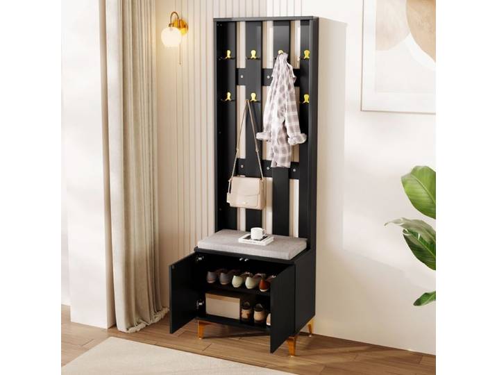 Vestiaire d'entrée avec Banc à Chaussures et Crochets Armoire à Chaussures Ensemble de Vestiaire Moderne pour Entrée Couloir Noir