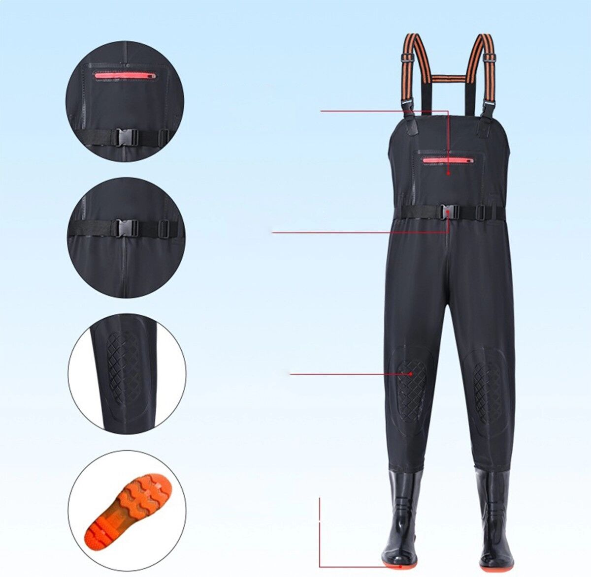 INF PVC-Brustwathose Einteilig – Wasserdicht, Durchstichfest, Verstärkte Knie und Stollensohle für Angeln und Wasserarbeit S Schwarz