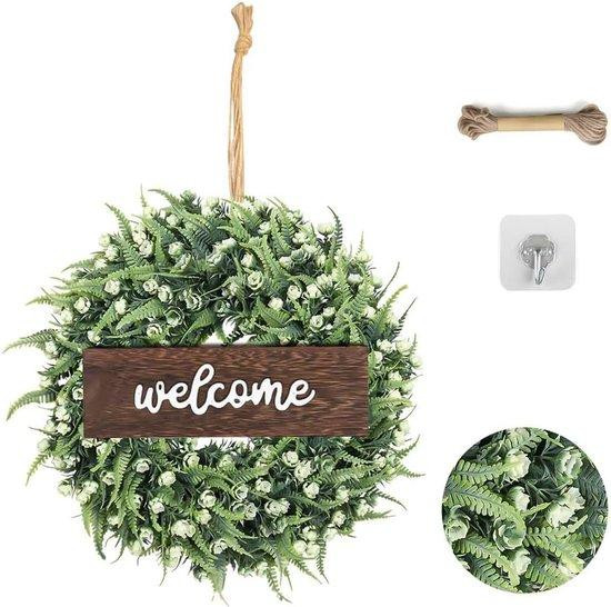 Unyqoos Kunstmatige Deurkrans Groene Eucalyptus met Witte Bloemen, Diameter: 30 cm