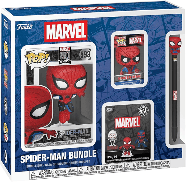 Figura Funko Pop! - Pack Marvel Comics: Spider-Man + Llavero Pop Misterioso Bolígrafo, 9 cm, Vinilo
