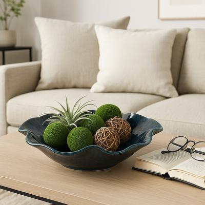 Sagebrook Home "Decorative Round Wavy Edge Glazed Pottery Bowl - 16"", Blue - 15.5"""