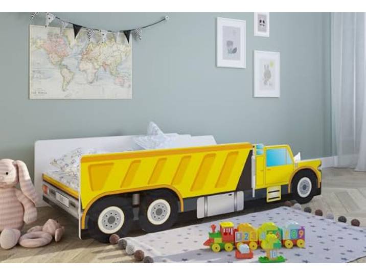 Kids Collective Autobett Kinderbett Jugendbett 70x140 80x160 mit Rausfallschutz Matratze optional Baustelle Bagger Kran Kipplader Kinder Spielbett von Geburt bis 6. Lebensjahr