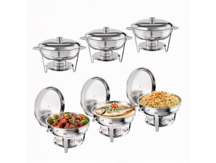 GarveeMore Chafing Dish Edelstahl 5 L Rund mit Deckel Gestell Brenner Stapelbares Design, Besteck enthalten, gleichmäßige Wärmeverteilung, für Buffets