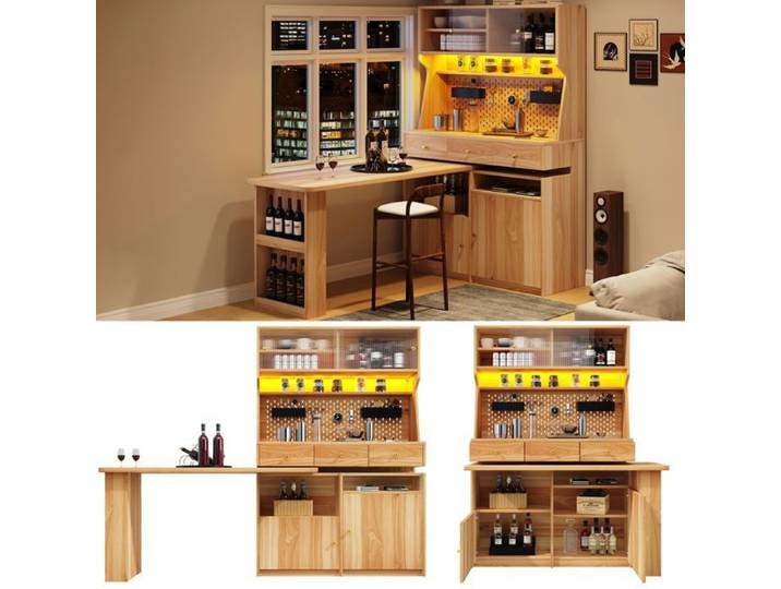 Meuble colonne - SOGEU - 137x74x177 7 cm - Bureau intégré - LED pilotée par appli - Portes vitrées