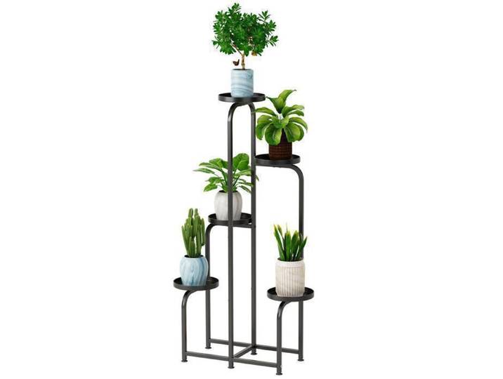 Support Plante Plateau rond à 5 couches conception décalée，Structure métallique robuste Décoration Jardin 45.2x22.5x112.8CM noir