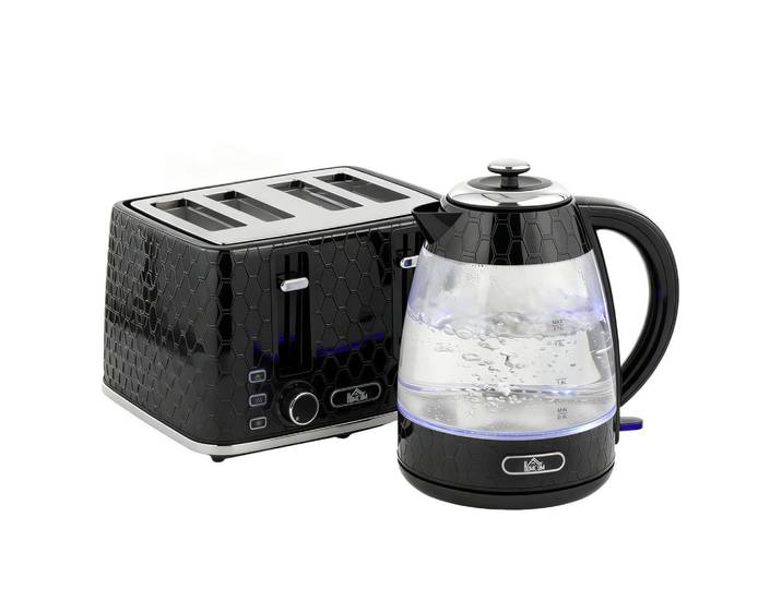Homcom Wasserkocher-Toaster SET aus Kunststoff Edelstahl Schwarz, 16.9x23.8x22.2 cm, Kochgeschirr, Küchengeräte, Wasserkocher