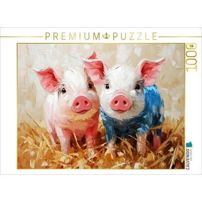 CALVENDO Puzzle Ein Motiv aus dem Kalender Lustiges Borstenvieh. Zauberhafte Schweinchen im Ölgemälde-Stil | 1000 Teile Lege-Größe 64x48cm