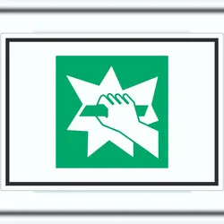 HB-Druck Notausgangsvorrichtung die nach Zerschlagen einer Scheibe zu erreichen ist Symbol Aufkleber A0 (841x1189mm)