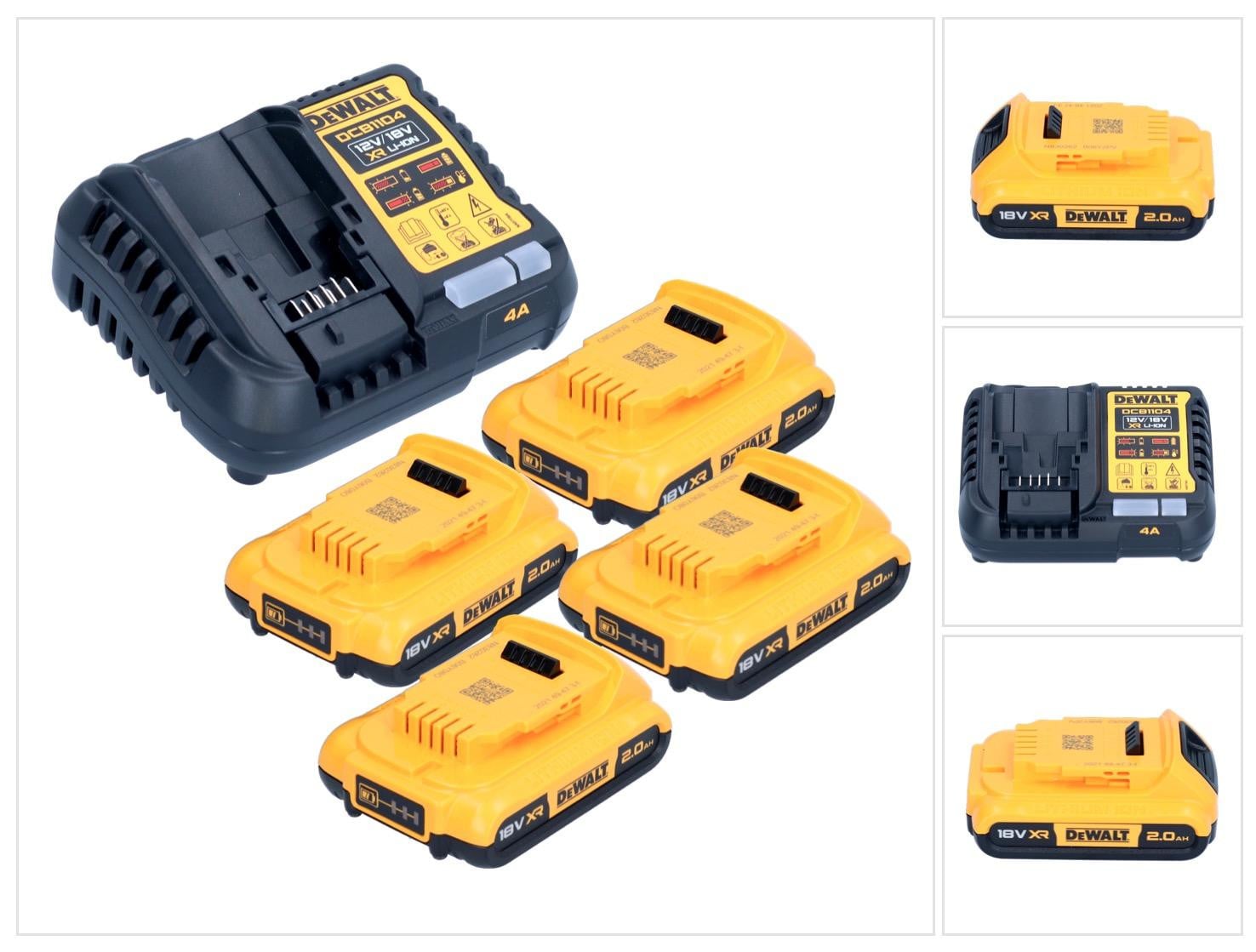 DeWalt DCB 1104 D4 accu-starterset 12 V / 18 V met 4x 2,0 Ah accu en DCB 1104 oplader