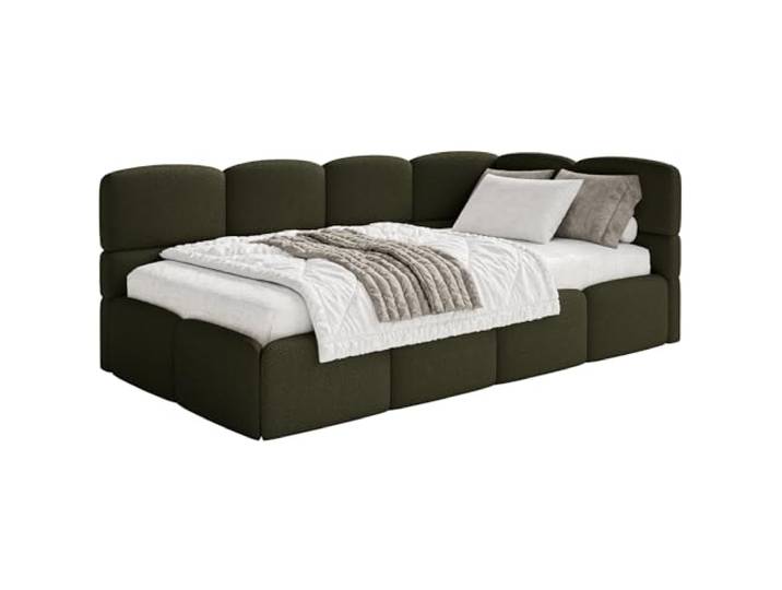 Selsey Jugendbett 120x200cm Olivgrün Bouclé Stoff mit Stauraum und Lattenrost, gepolstertes Polsterbett mit Bettkasten, Jugendbett rechtsseitig mit Eckkopfteil, Bett 120x200 für Kinderzimmer