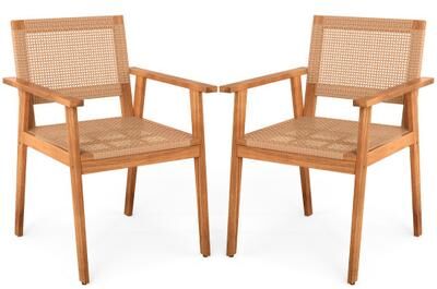 Costway Acacia Wood Outdoor Dining Chairs Set of 2 PE Rattan Patio Chairs with Backrests and Armrests
