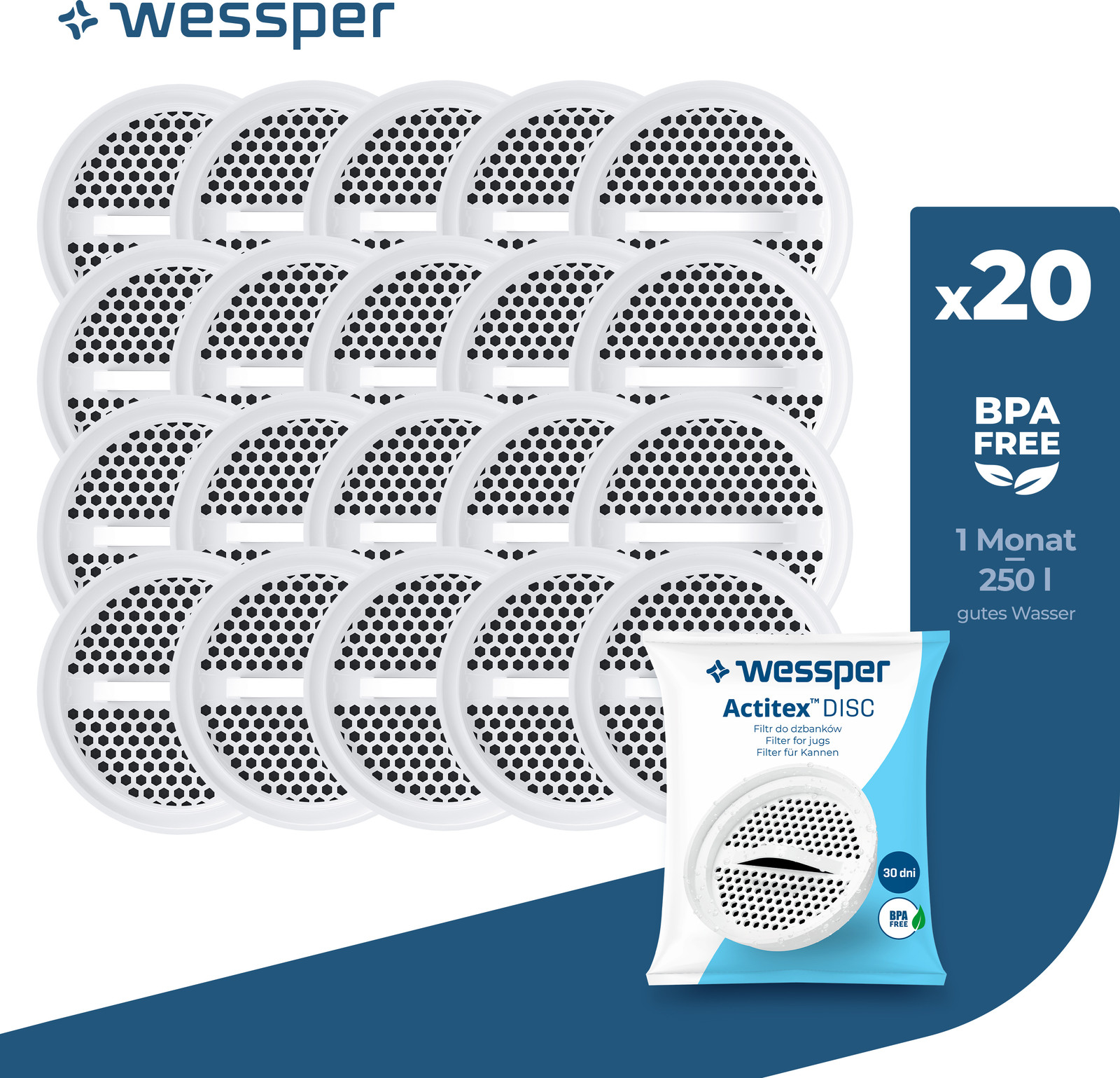 Wessper Classic Active Disc waterfilterpatroon, vervanging voor Aquaphor Standard, Brita Classic en Dafi Classic, 20 stuks