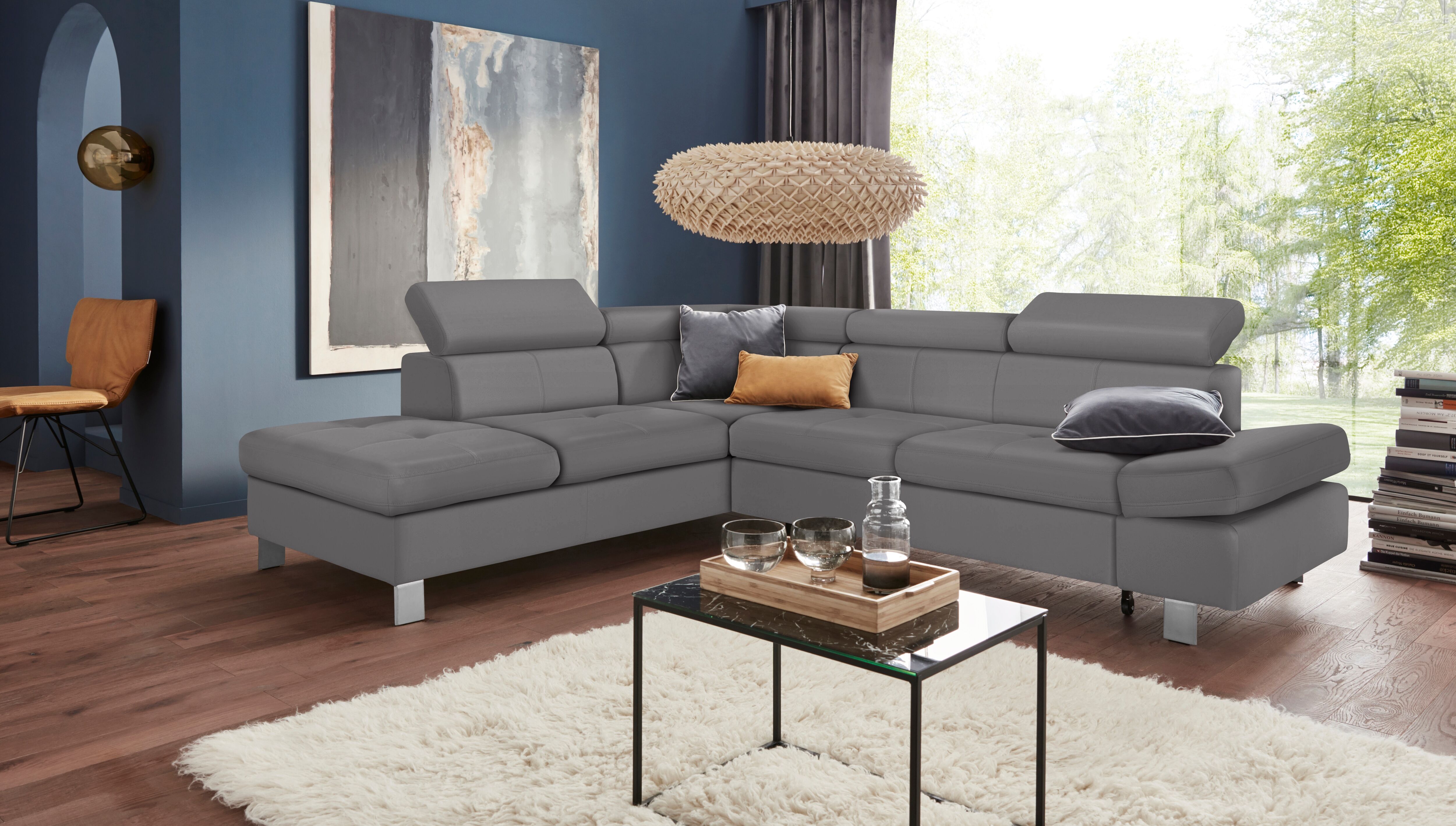 Ecksofa EXXPO - SOFA FASHION "Fiji, L-Form", grau (delphin), B:272cm H:98cm T:232cm, Luxus-Kunstleder;Webstoff (100% Polyester);Webvelours (100% Polyester), Sofas, Ecksofa, mit Kopf- bzw. Rückenverstellung, wahlweise mit Bettfunktion delphin B/H/T: 272cm 