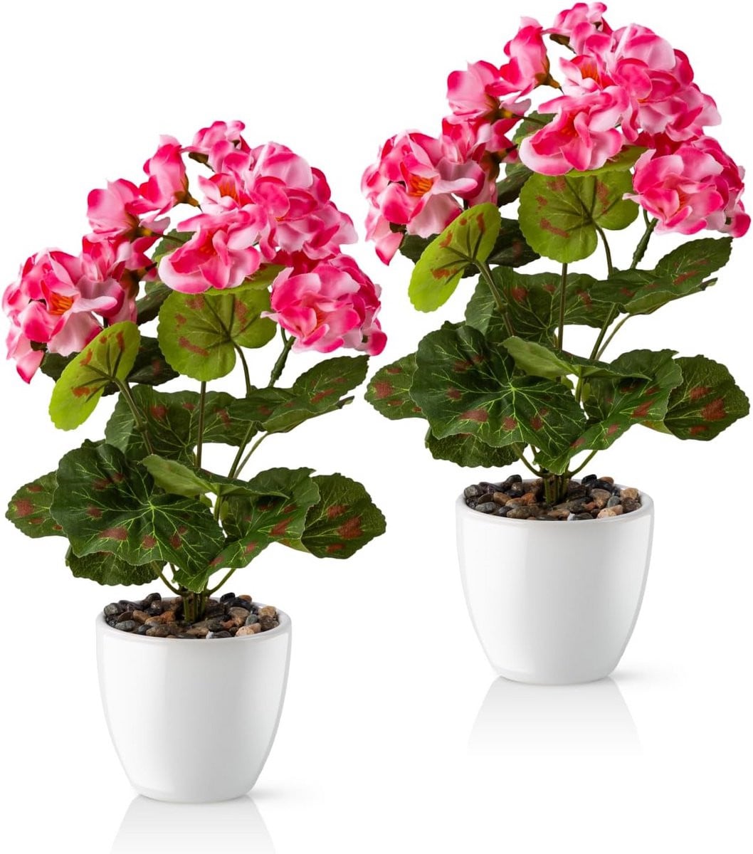 Roze Kunstbloemen Geraniums met Keramieken Pot, Hoogte: 36 cm