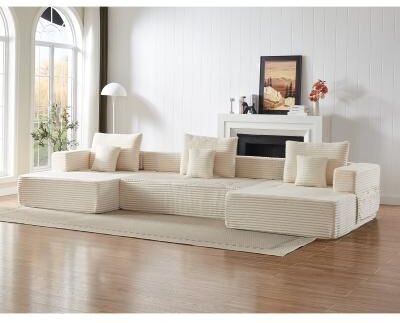 Loedds 137-inch 3-Seat Modular U-Shaped Modern Corduroy Sectional Sofa with Convertible Design for Living Room, Beige