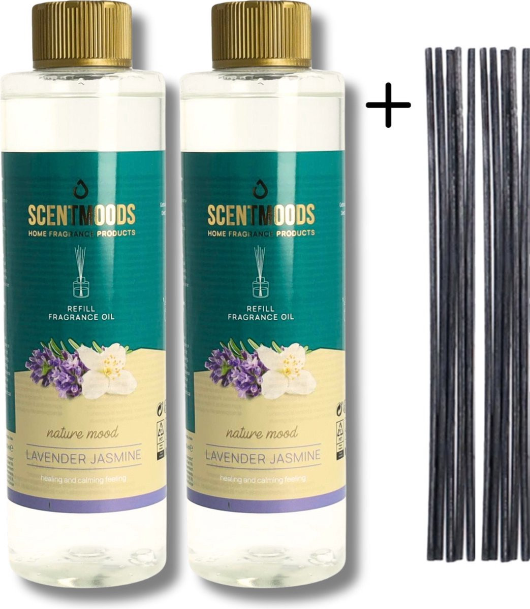 Scentmoods Geurstokjes Navulling Lavendel Jasmijn Set van 2 met 12 Geurstokjes - 400ml x 2