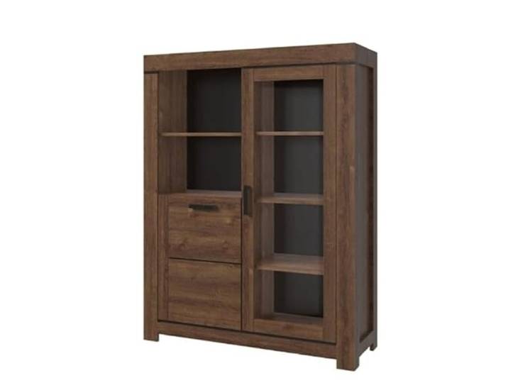 Vitrine Brass verglast 5 Böden 112,5x40x147 cm Wohnzimmer Braun Eiche Kombination aus Glastür, voller Tür und offenem Fach, wahlweise links oder rechts öffenbar, vielseitig für mehrere Räume