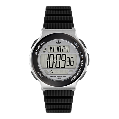 Chronograph ADIDAS ORIGINALS "EXPRESSION THREE DIGITAL", schwarz (schwarz, edelstahlfarben), Armbanduhren, Damen, edelstahlfarben, Chronograph, Quarzuhr, Armbanduhr, Herrenuhr, Damenuhr,Silikonarmband,Stoppfunktion