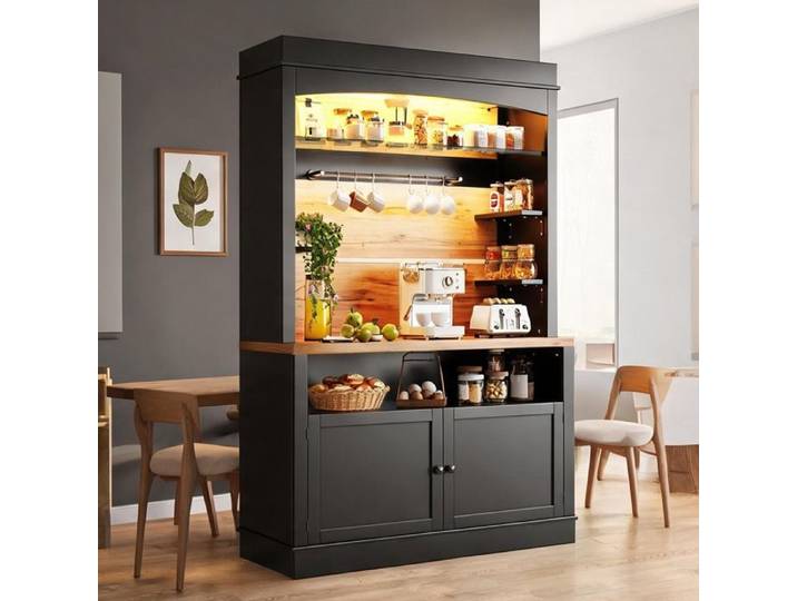 Buffet haut vitré avec LED et rangement ouvert MDF et métal 107x43x184 cm jet black