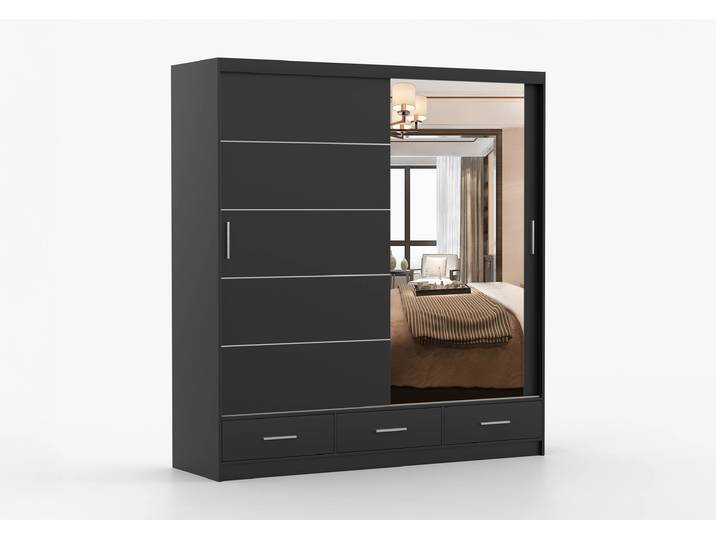 Schwebetürenschrank FLORENCE 203 cm Schwarz Schwarz + Spiegel