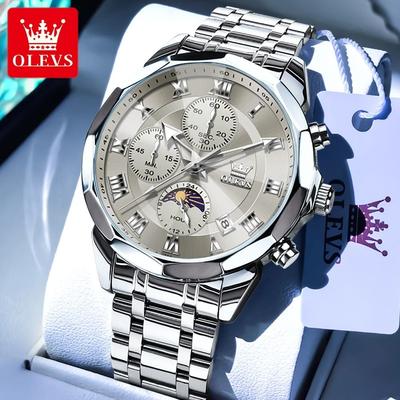 Uplifted Finds Olevs 3675 Mens Multifunction Chronograph Quartz Watch Moon Phase Design silver gray